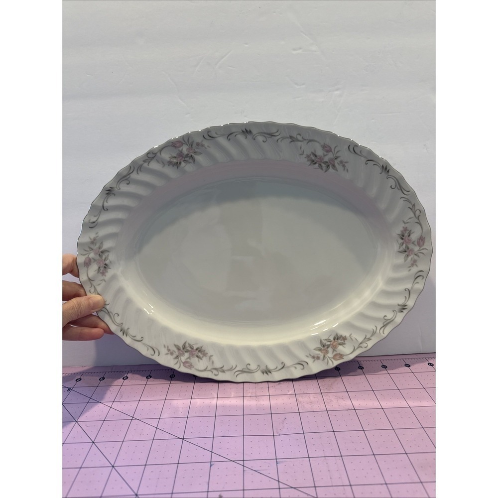 Vintage 14" Gold Standard‎ White Silver & Pink Roses Oval Serving Platter